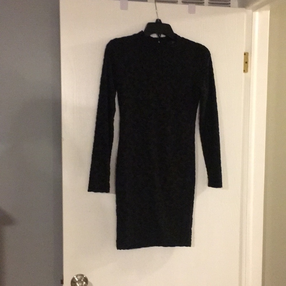 Black velvet pattern mock turtle neck dress